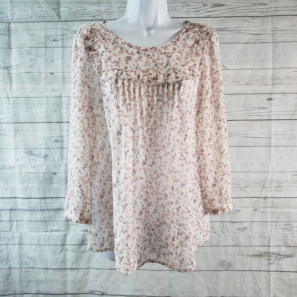 Gap Womens Blouse Sz Small Pink White Floral Long‎ Sleeve Semi Sheer Ruffle - Picture 1 of 5